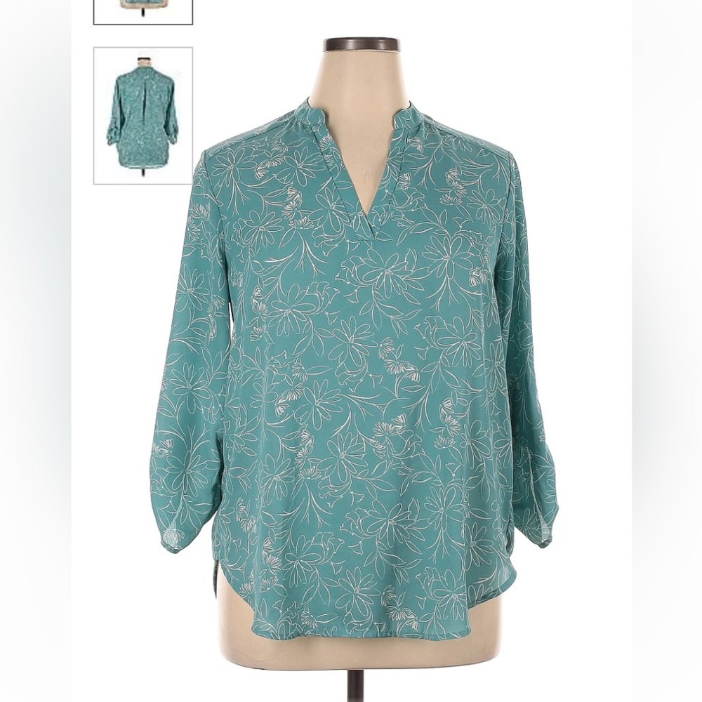 NWOT LUSH /STITCH FIX, Teal & Cream Floral Print Tab Sleeve Blouse, Sizes L & XL